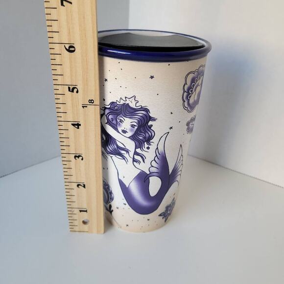 Starbucks 12 Oz Mermaid Tattoo Floral Ceramic Tumbler Travel Mug Blue Siren 2016 - Picture 3 of 6